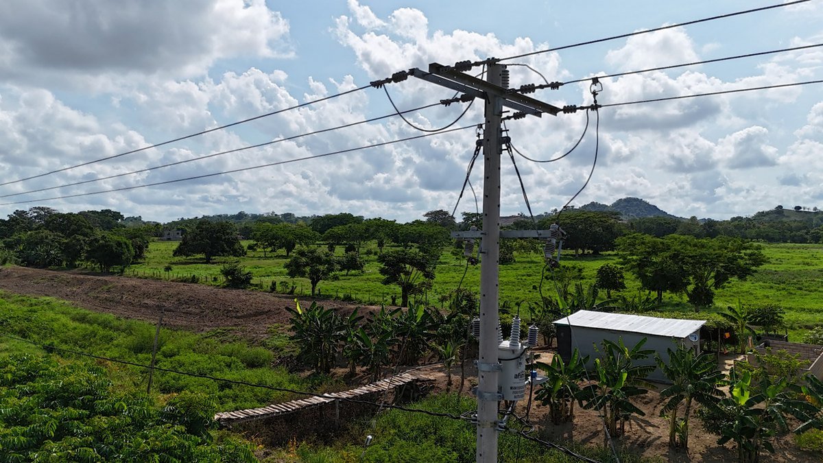 Poste con línea trifásica de media tensión en un predio rural